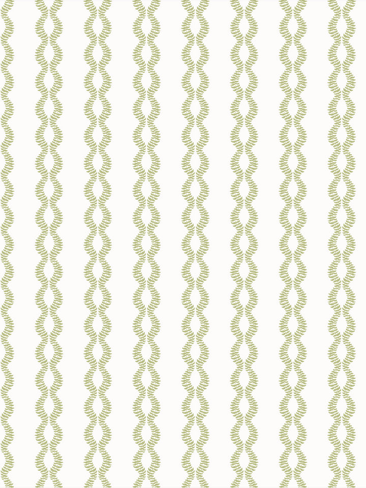 Sutton Vine wallpaper in Winter Pear, pale green leaf vines on a bright white ground