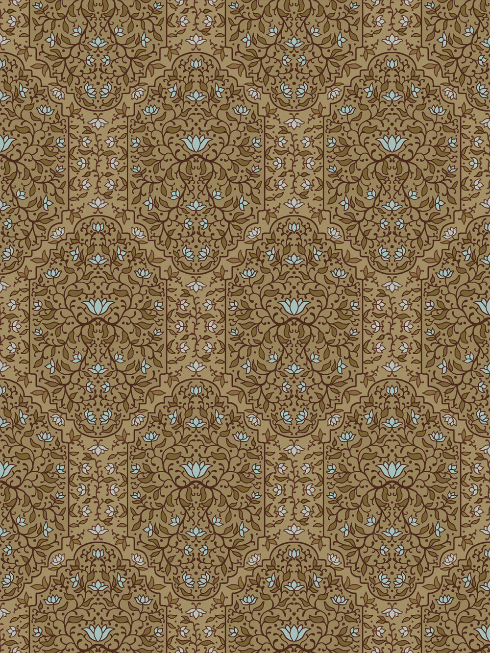 Taliah Large wallpaper in Aged Olive, olive arch florals with pale blue lotus on a golden tan ground