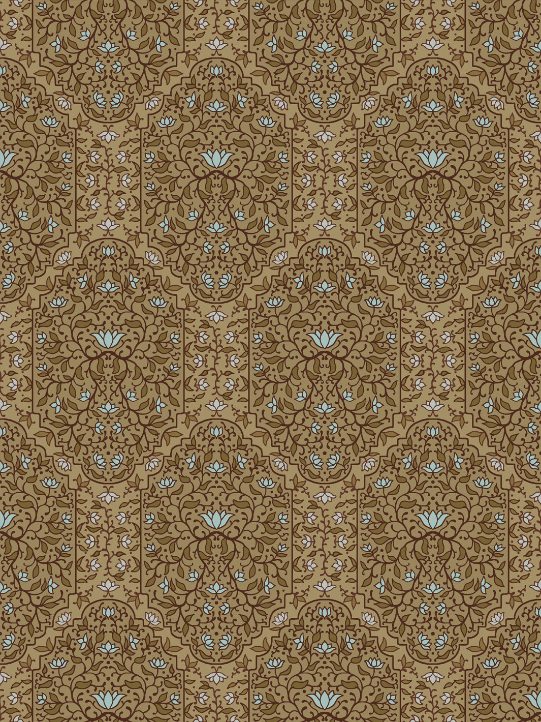 Taliah Large wallpaper in Aged Olive, olive arch florals with pale blue lotus on a golden tan ground