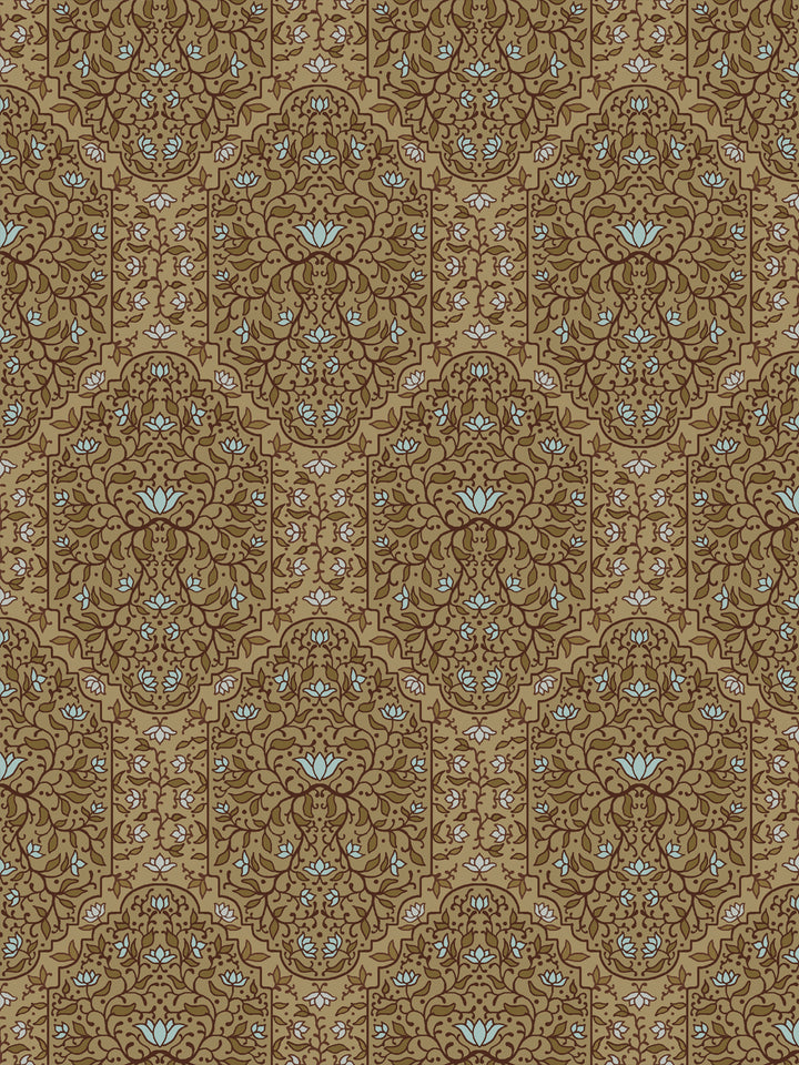 Taliah Large wallpaper in Aged Olive, olive arch florals with pale blue lotus on a golden tan ground