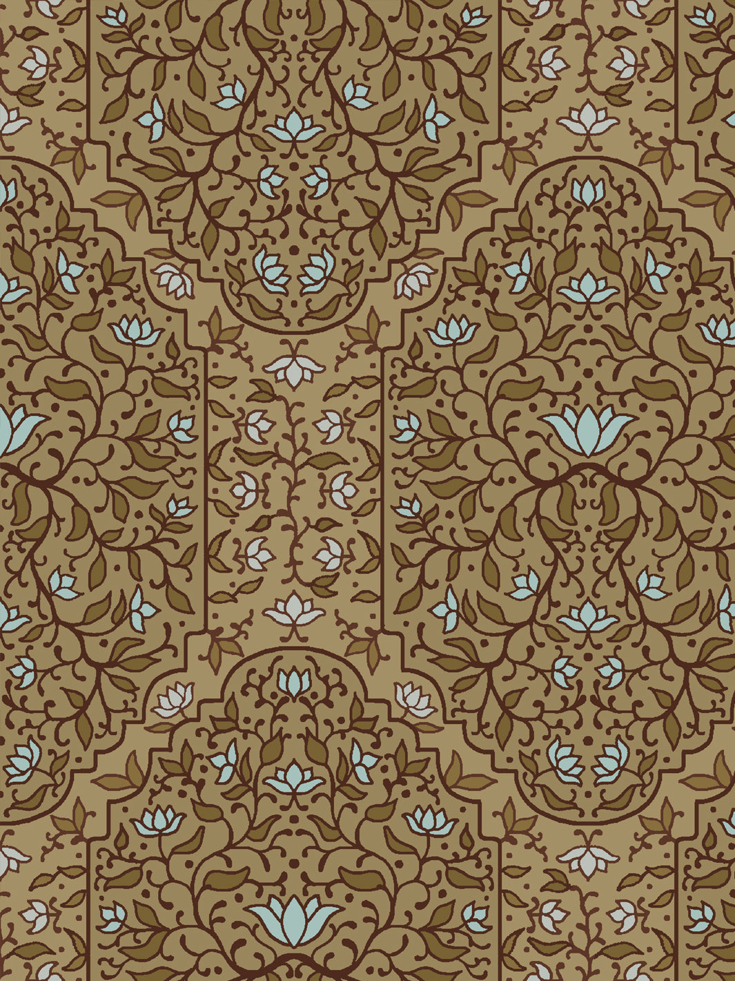 Close crop of olive brown and outlined in dark foliate arches on warm golden tan