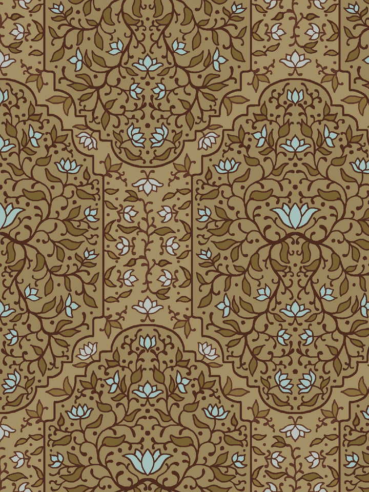 Close crop of olive brown and outlined in dark foliate arches on warm golden tan