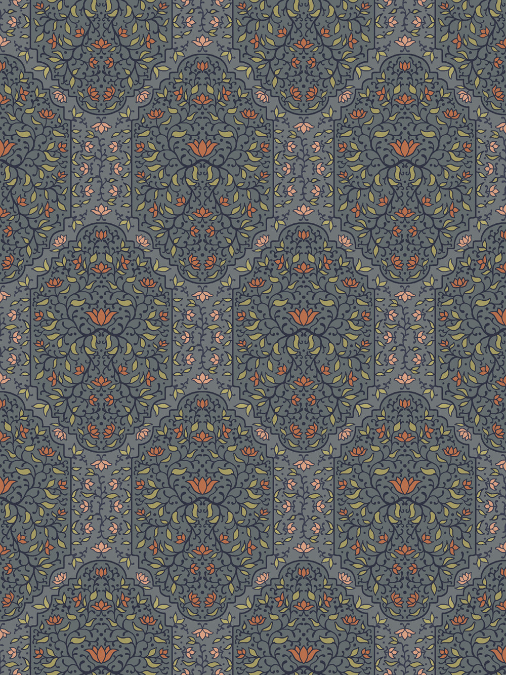 Taliah Large wallpaper in Antique Navy Blossom, navy arch florals with orange lotus on slate blue-grey
