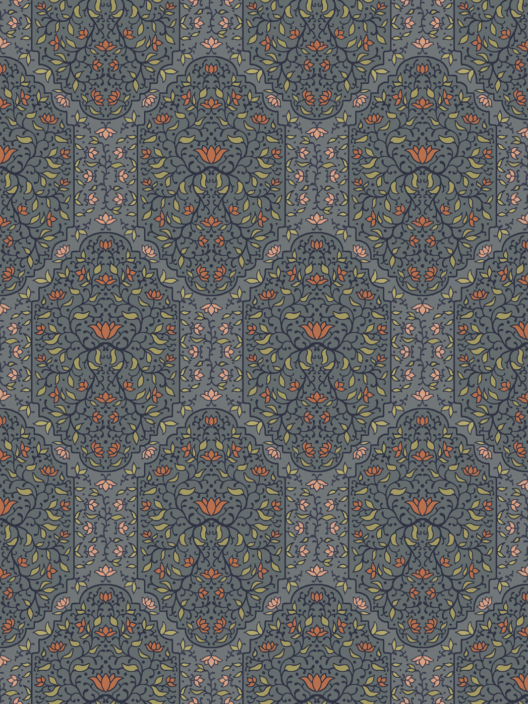 Taliah Large wallpaper in Antique Navy Blossom, navy arch florals with orange lotus on slate blue-grey