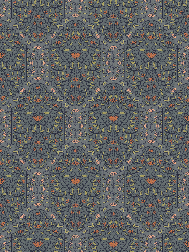 Taliah Large wallpaper in Antique Navy Blossom, navy arch florals with orange lotus on slate blue-grey
