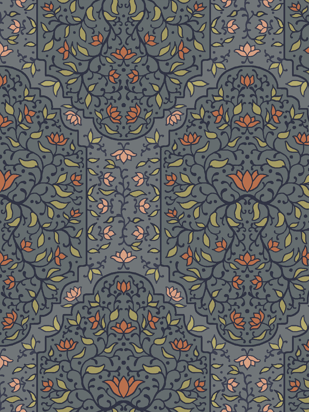 Close crop of navy and scrolling foliate arches on mid slate blue-grey
