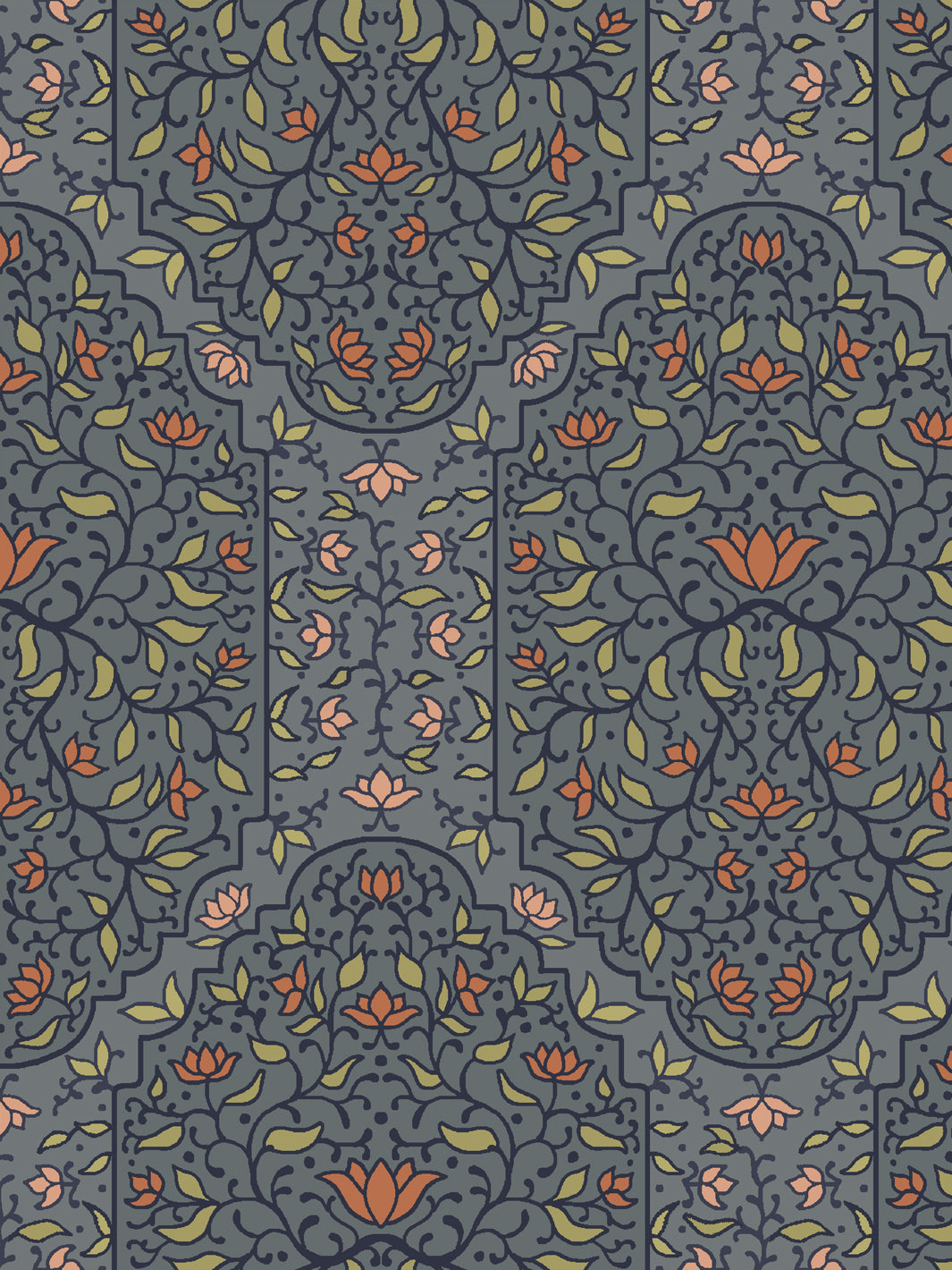 Close crop of navy and scrolling foliate arches on mid slate blue-grey