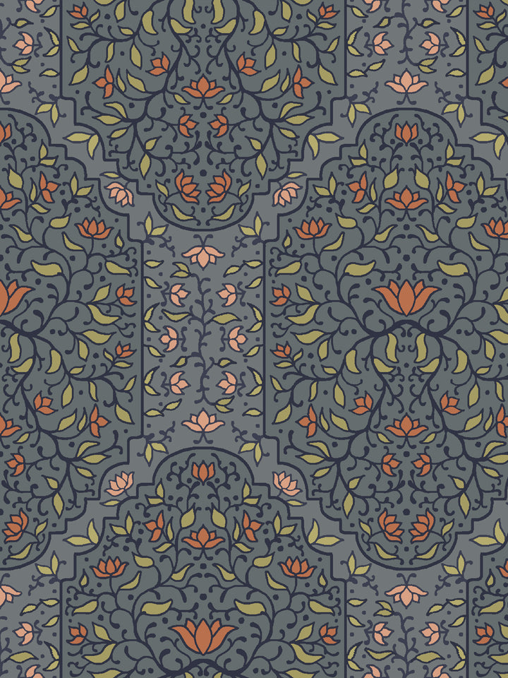 Close crop of navy and scrolling foliate arches on mid slate blue-grey