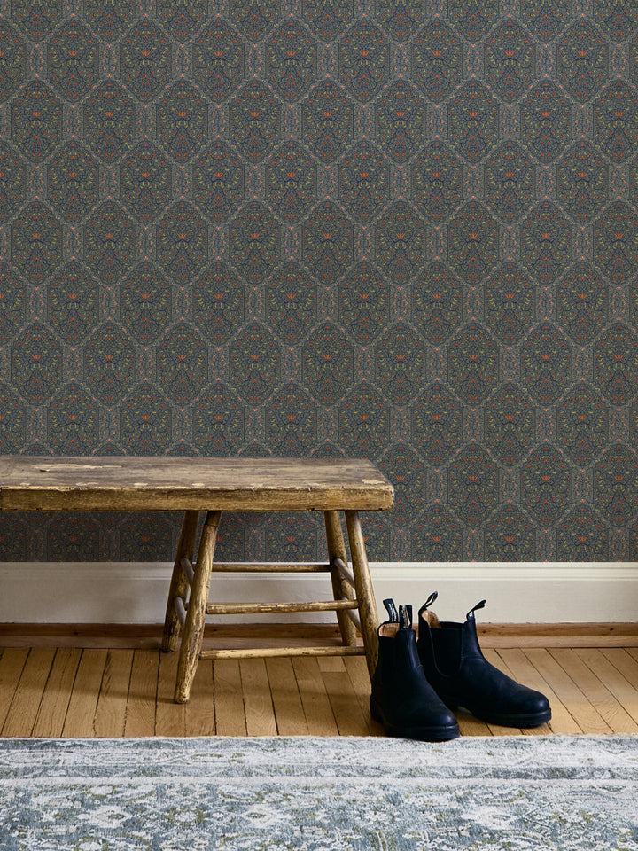 Entryway with Antique Navy Blossom Taliah Large wallpaper, rustic wood bench and black boots