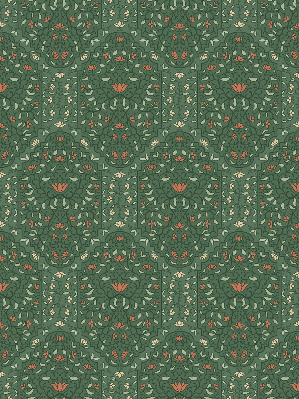 Taliah Large wallpaper in Buttercup Forest, sage and coral arch florals on a deep forest green ground