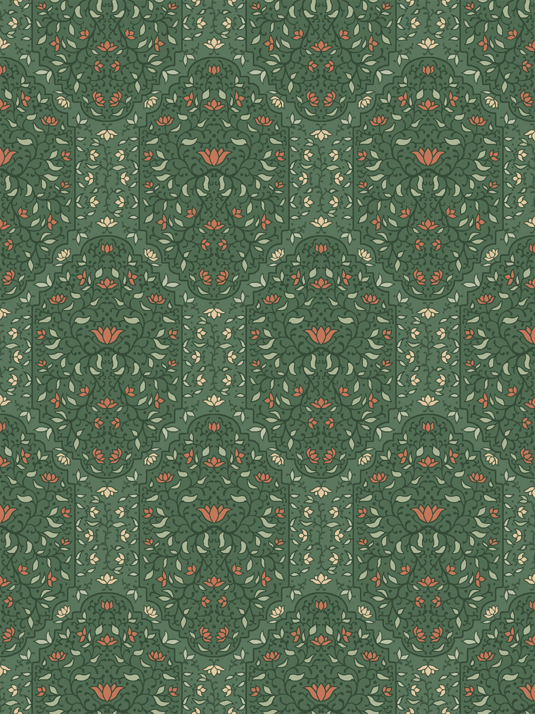 Taliah Large wallpaper in Buttercup Forest, sage and coral arch florals on a deep forest green ground