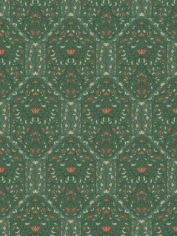 Taliah Large wallpaper in Buttercup Forest, sage and coral arch florals on a deep forest green ground