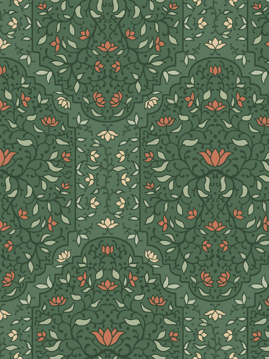 Close crop of darker green foliate arches on deep forest green