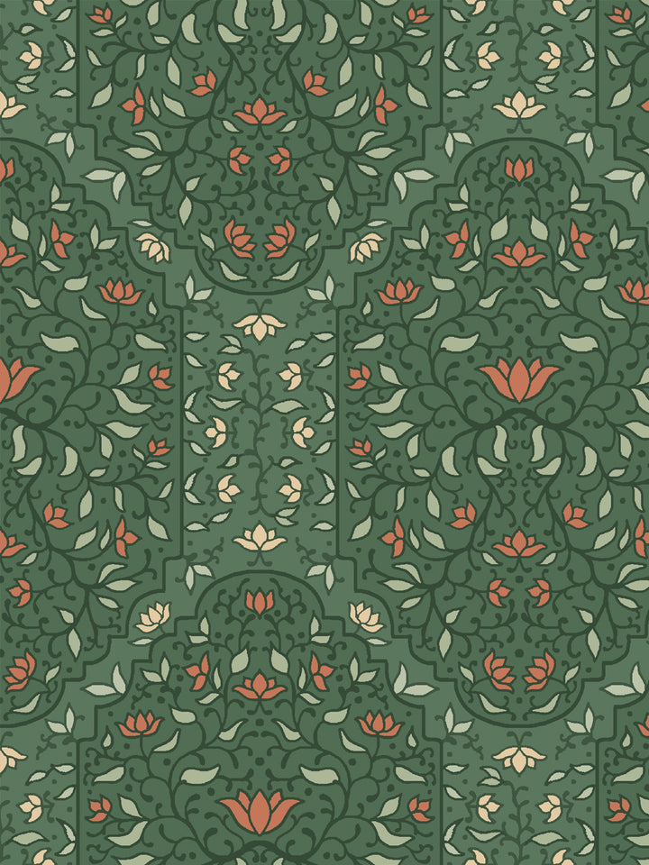 Close crop of darker green foliate arches on deep forest green