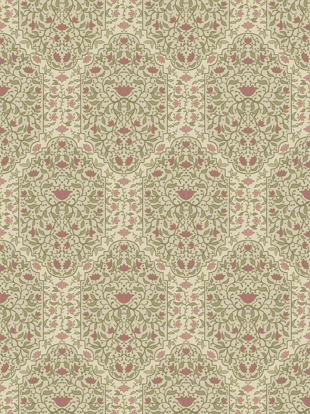 Taliah Large wallpaper in Country Manor Blush, olive vines and rose lotus on a cream parchment ground