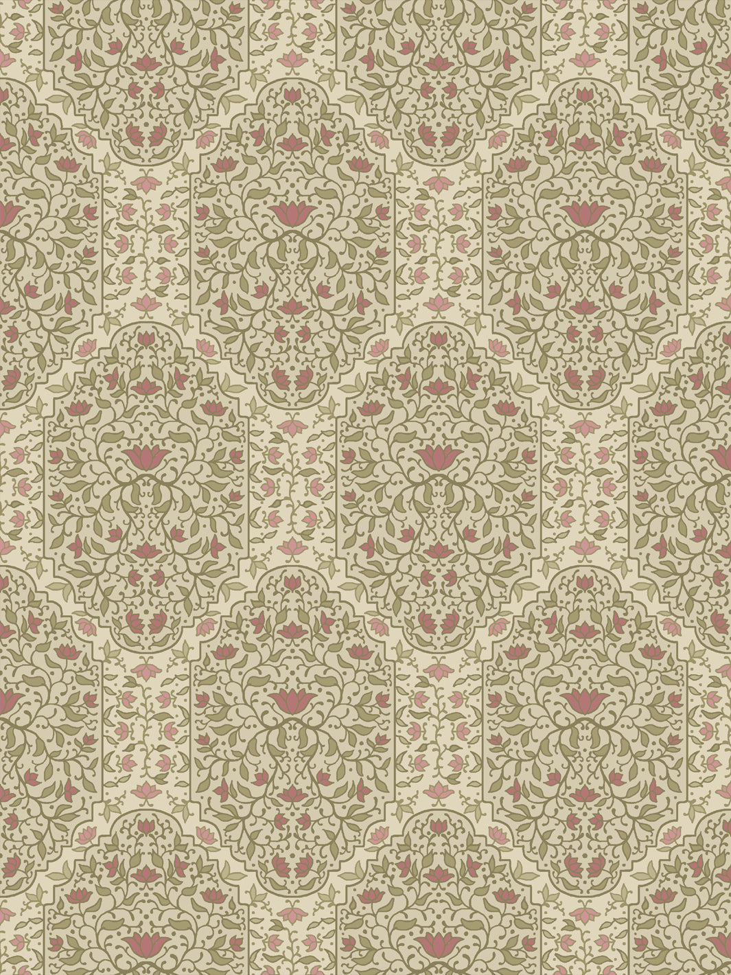Taliah Large wallpaper in Country Manor Blush, olive vines and rose lotus on a cream parchment ground