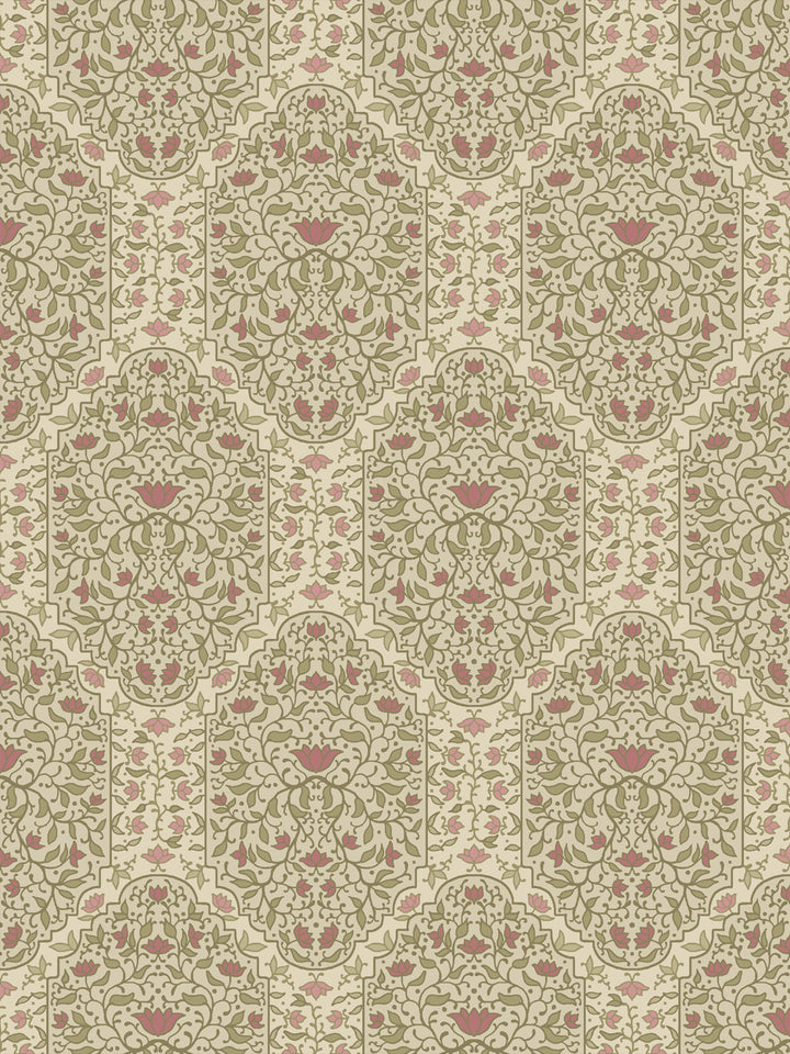 Taliah Large wallpaper in Country Manor Blush, olive vines and rose lotus on a cream parchment ground