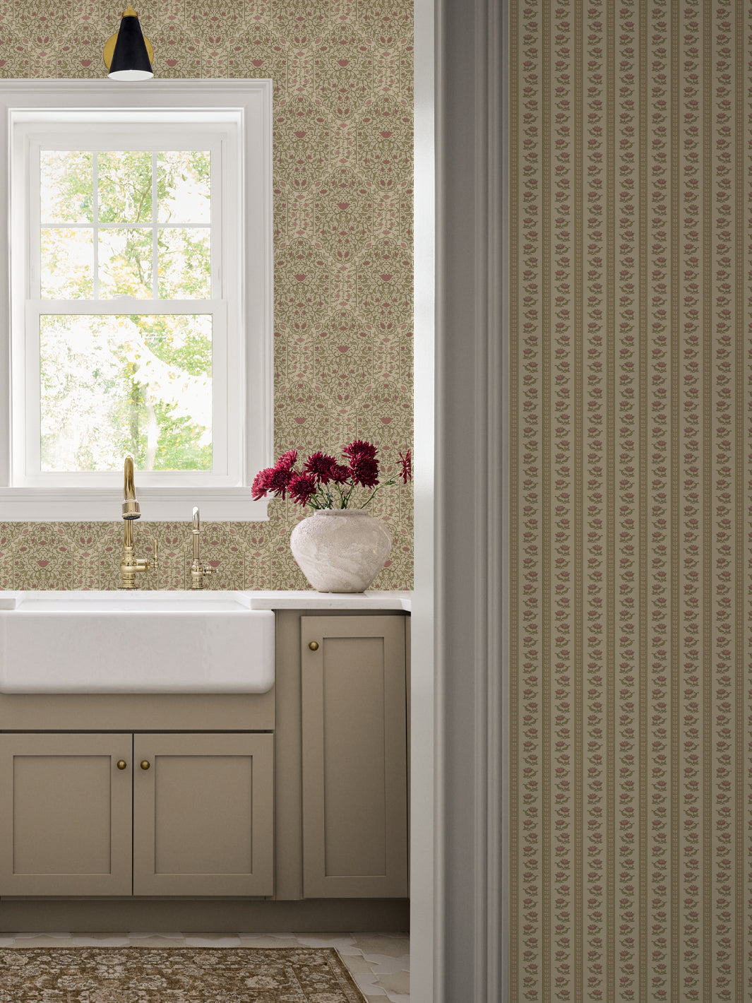 Kitchen with Country Manor Blush Taliah Large wallpaper, apron sink, brass faucet and taupe cabinets