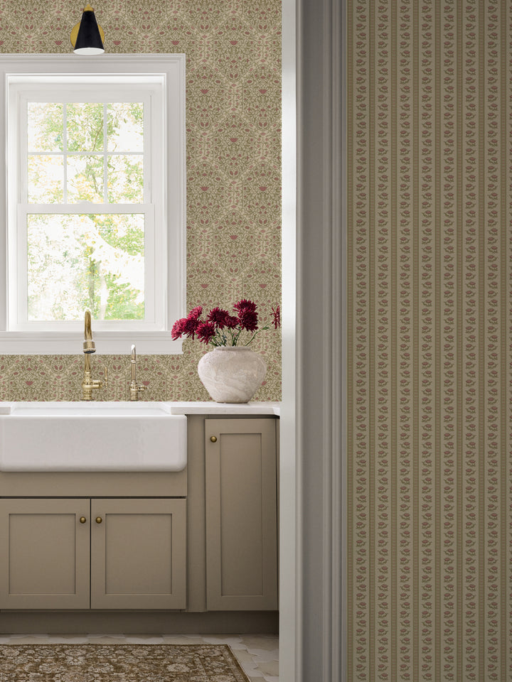 Kitchen with Country Manor Blush Taliah Large wallpaper, apron sink, brass faucet and taupe cabinets