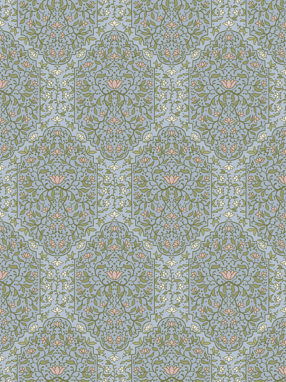 Taliah Large wallpaper in Dewdrop Garden, green arch vines with blush lotus on a powder blue ground