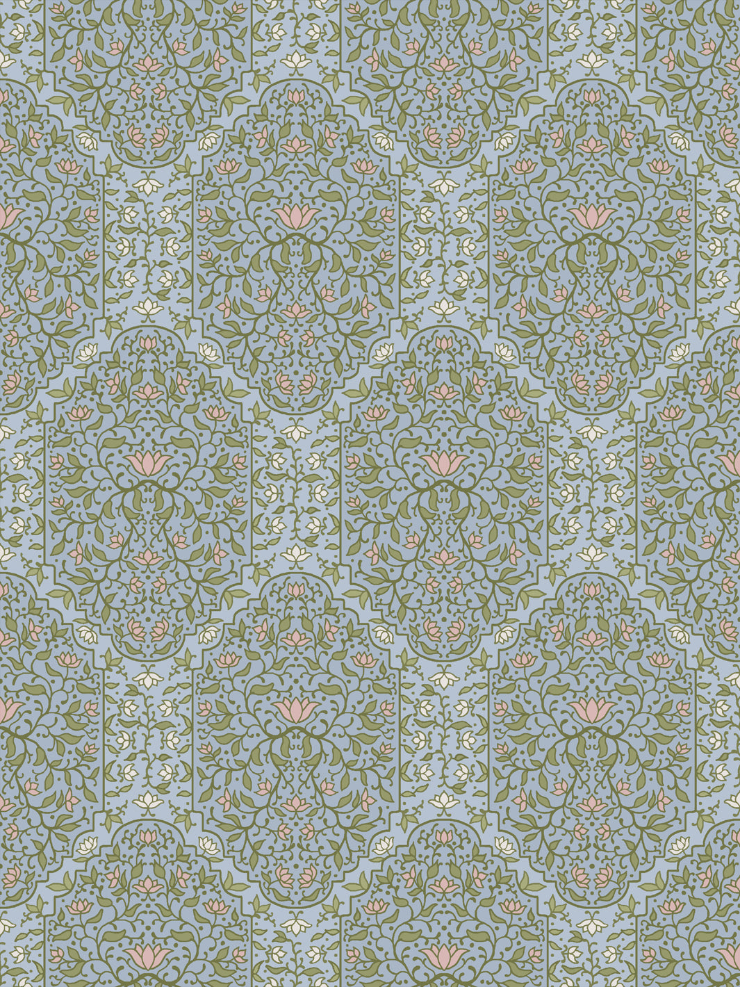 Taliah Large wallpaper in Dewdrop Garden, green arch vines with blush lotus on a powder blue ground