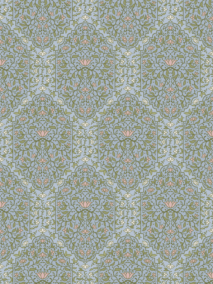 Taliah Large wallpaper in Dewdrop Garden, green arch vines with blush lotus on a powder blue ground