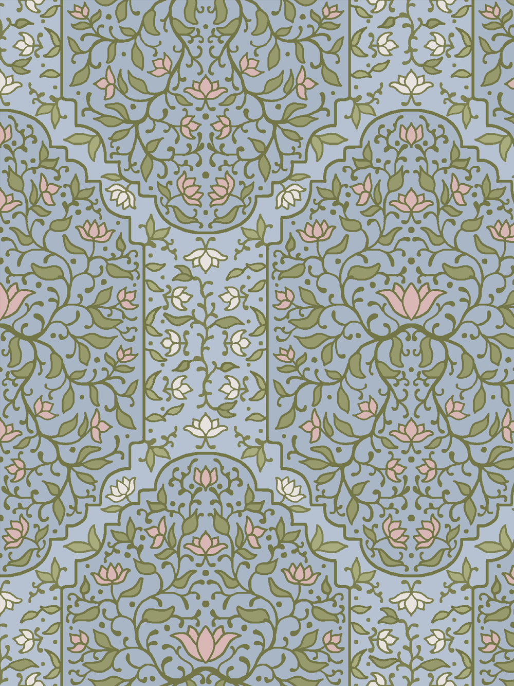 Close crop of moss and olive green foliate arches on powder periwinkle blue