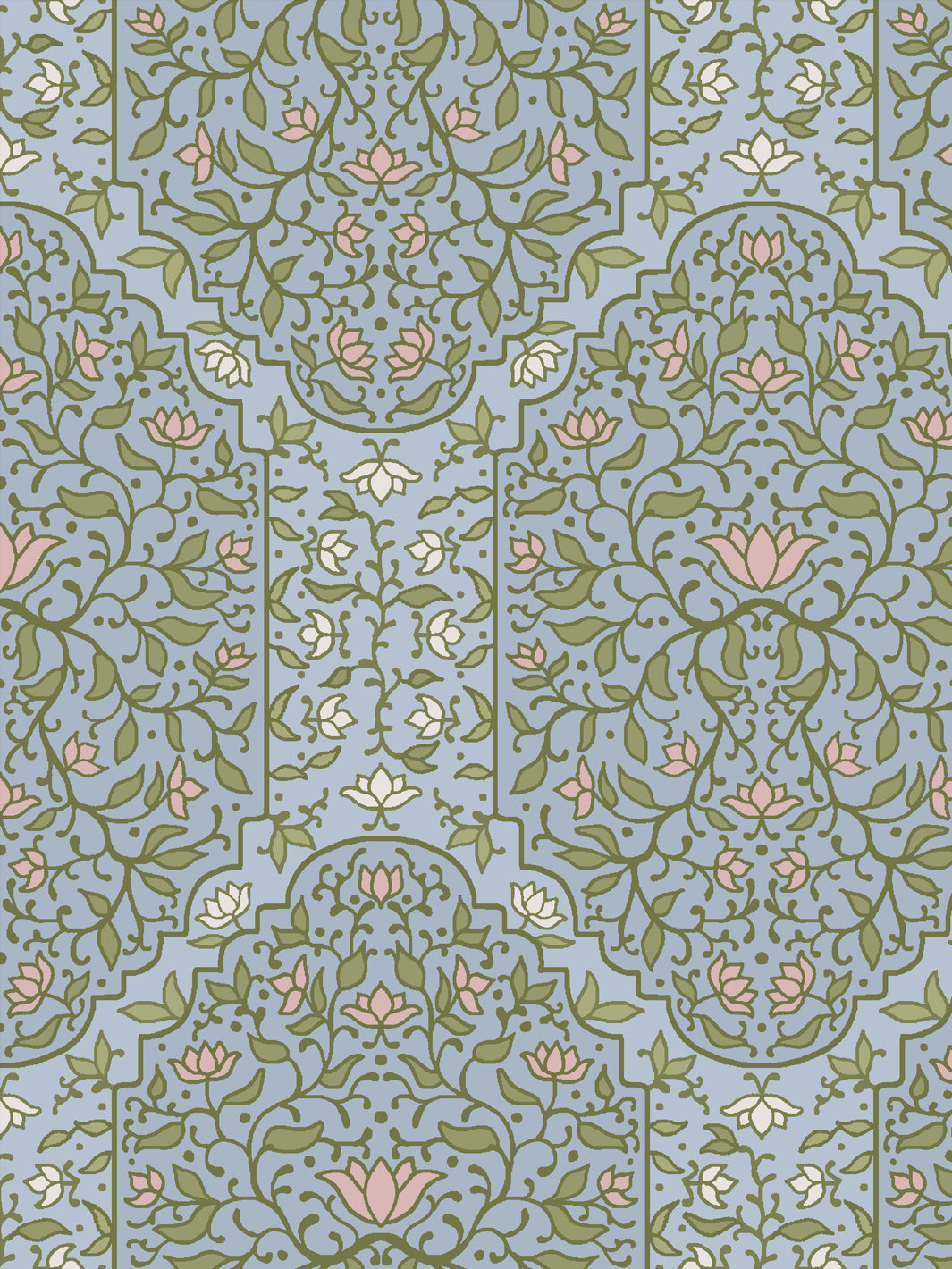 Close crop of moss and olive green foliate arches on powder periwinkle blue