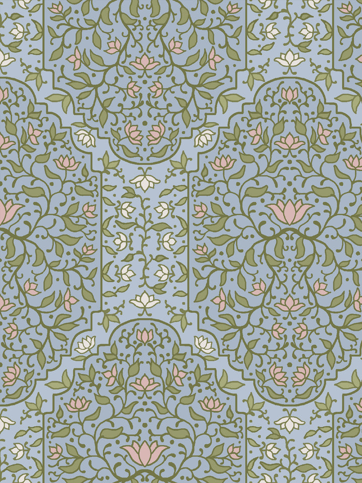Close crop of moss and olive green foliate arches on powder periwinkle blue