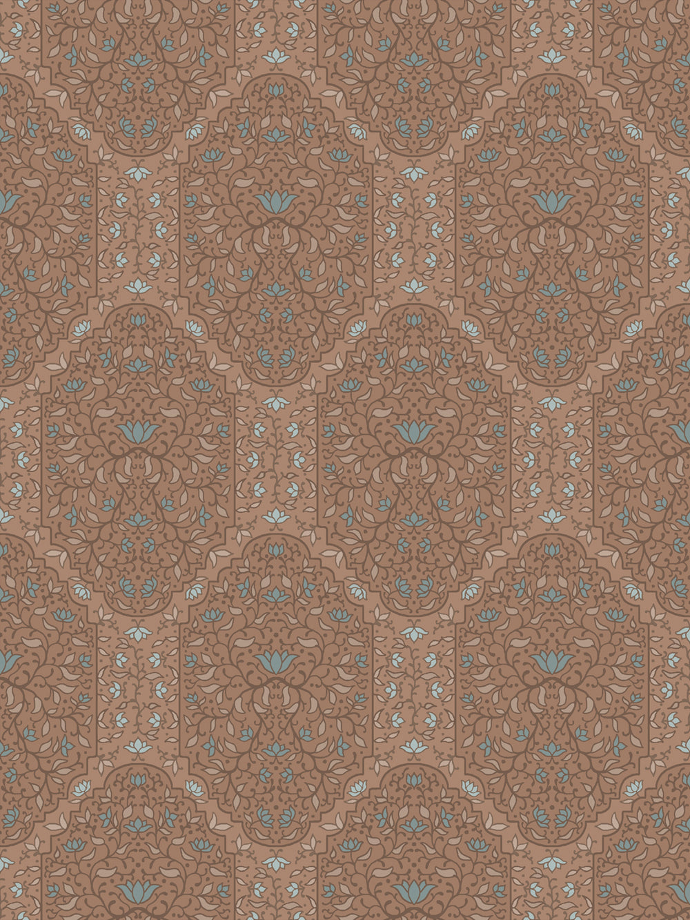 Taliah Large wallpaper in Driftwood Denim, tonal brown arch florals with dusty blue lotus on warm clay