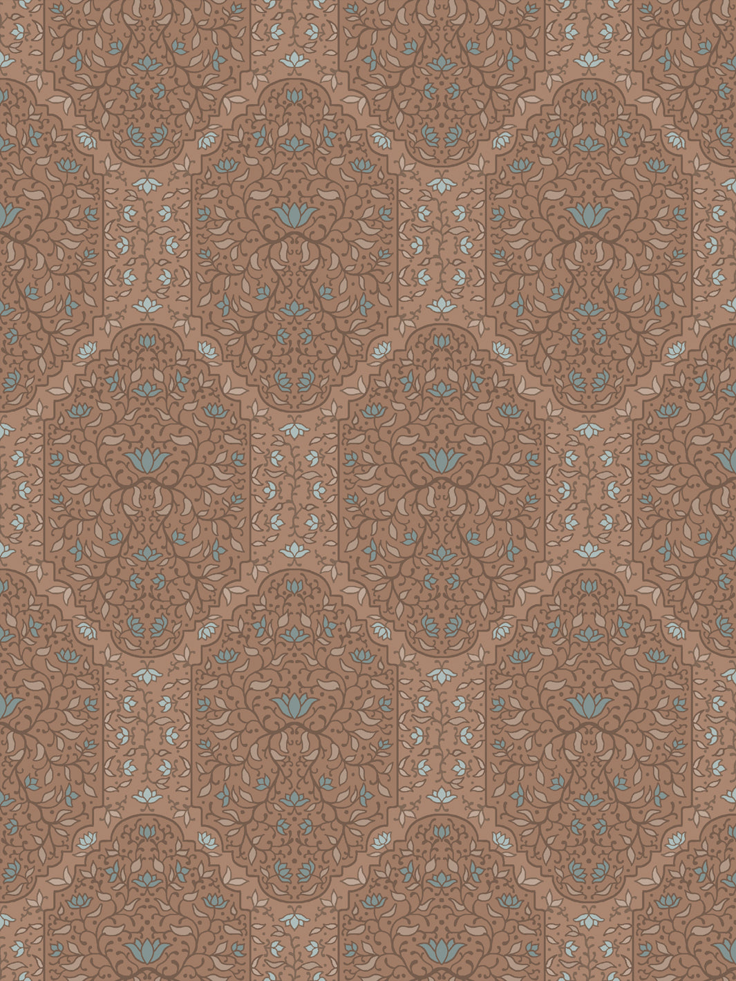 Taliah Large wallpaper in Driftwood Denim, tonal brown arch florals with dusty blue lotus on warm clay