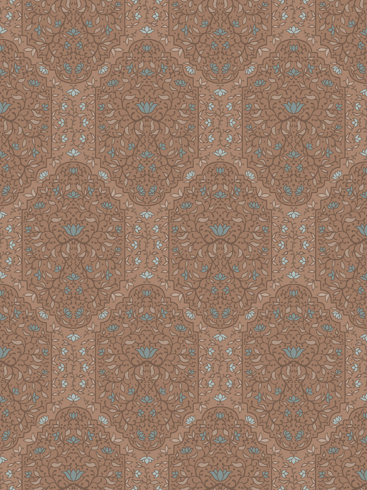 Taliah Large wallpaper in Driftwood Denim, tonal brown arch florals with dusty blue lotus on warm clay