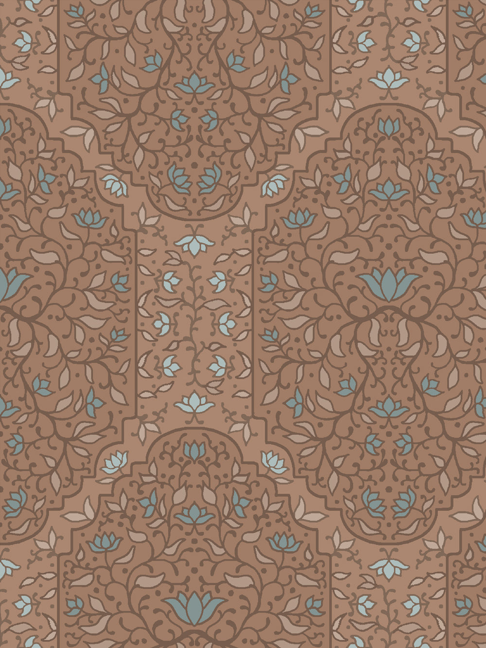 Close crop of tonal brown foliate arches on warm clay tan brown