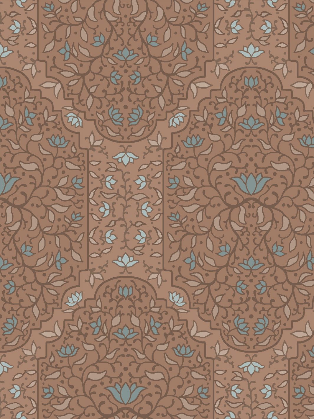 Close crop of tonal brown foliate arches on warm clay tan brown