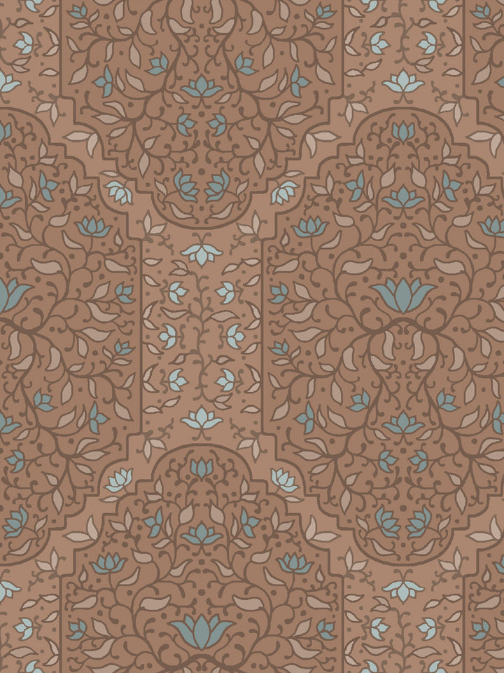 Close crop of tonal brown foliate arches on warm clay tan brown