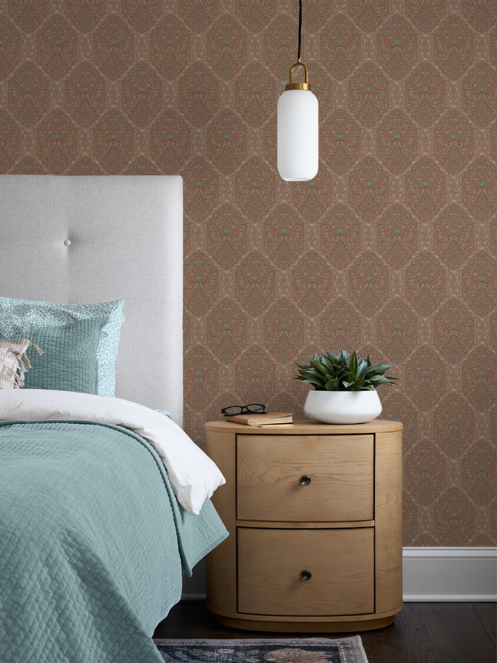 Bedroom with Driftwood Denim Taliah Large wallpaper, white headboard, aqua quilt and oak nightstand