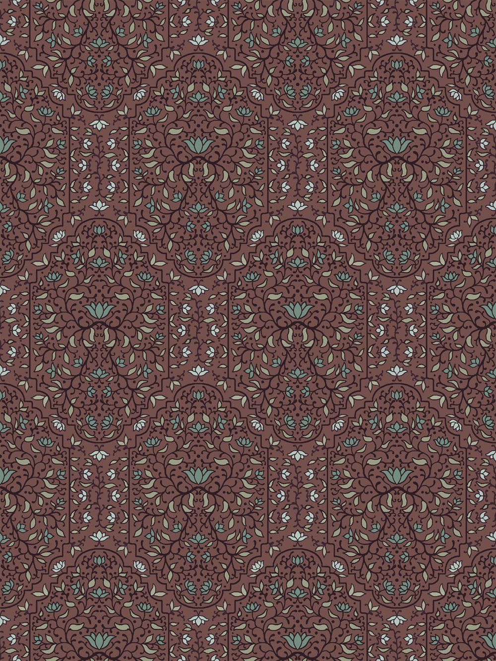 Taliah Large wallpaper in Faded Bordeaux, plum arch florals with sage leaves on a dusty maroon ground