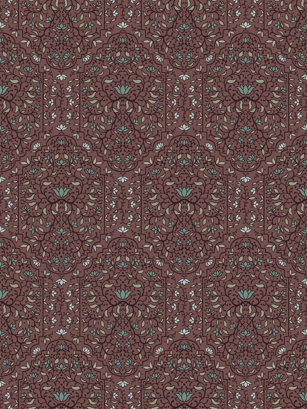 Taliah Large wallpaper in Faded Bordeaux, plum arch florals with sage leaves on a dusty maroon ground