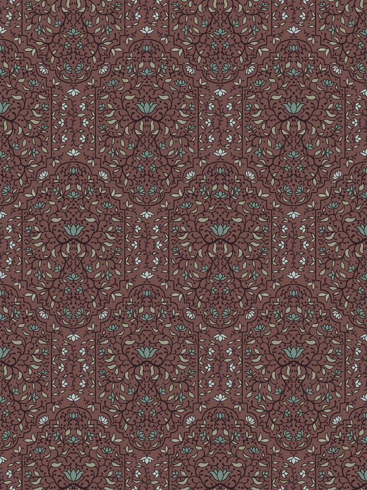 Taliah Large wallpaper in Faded Bordeaux, plum arch florals with sage leaves on a dusty maroon ground
