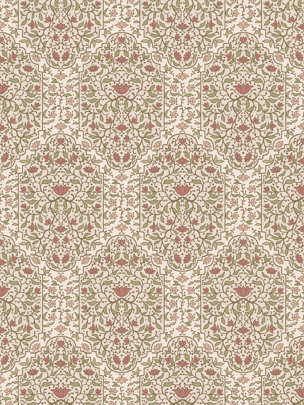 Taliah Large wallpaper in Honeysuckle Parchment, olive vines and brick-rose lotus on warm cream