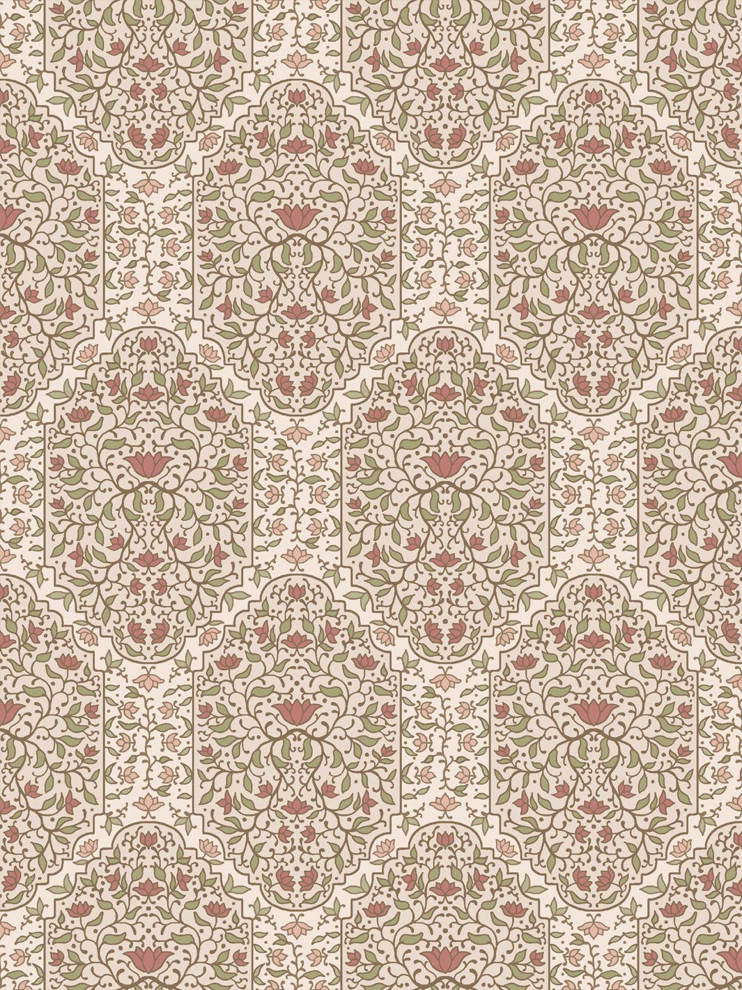 Taliah Large wallpaper in Honeysuckle Parchment, olive vines and brick-rose lotus on warm cream