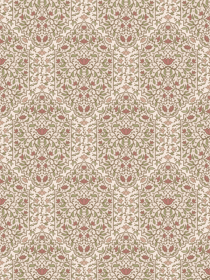 Taliah Large wallpaper in Honeysuckle Parchment, olive vines and brick-rose lotus on warm cream