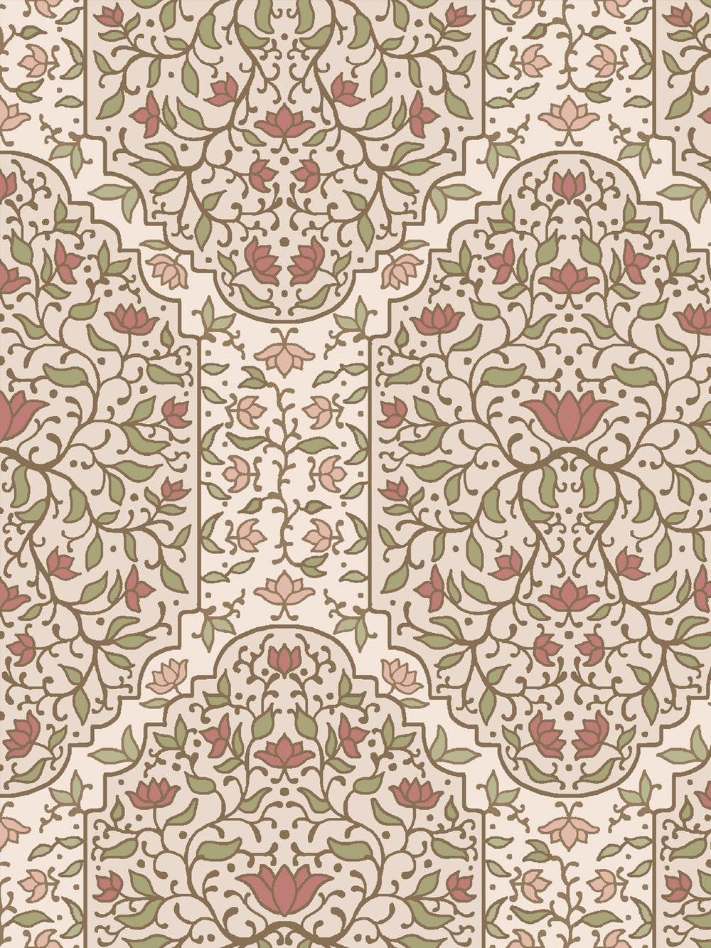 Close crop of soft olive green and foliate arches on warm blush-tinted cream parchment