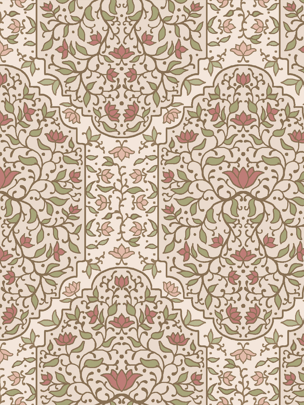 Close crop of soft olive green and foliate arches on warm blush-tinted cream parchment