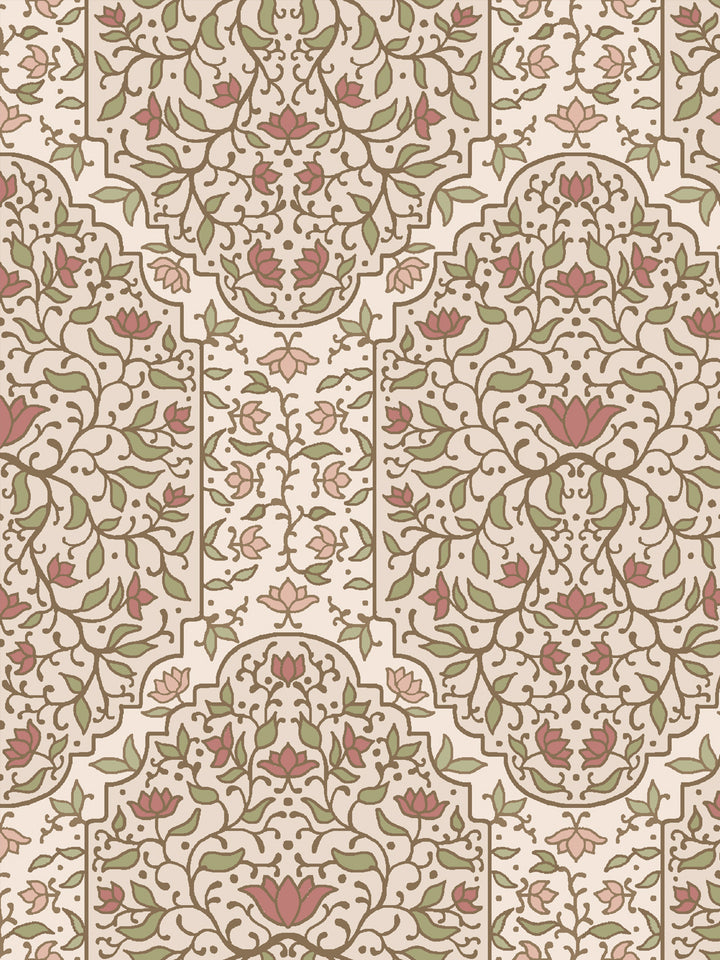 Close crop of soft olive green and foliate arches on warm blush-tinted cream parchment