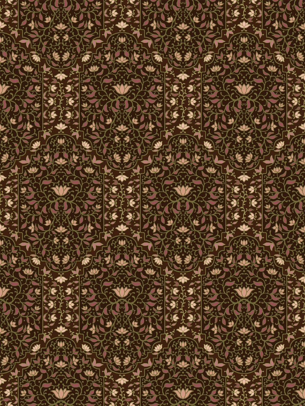 Taliah Large wallpaper in Moss Bark, mauve and olive arch florals on a dark chocolate brown ground