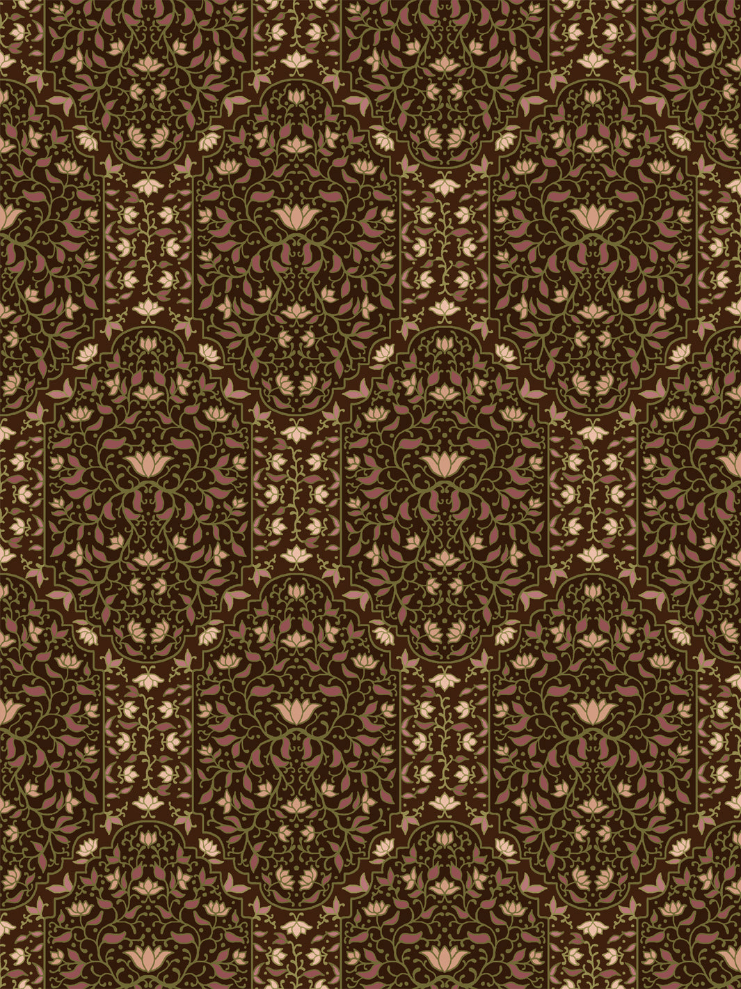Taliah Large wallpaper in Moss Bark, mauve and olive arch florals on a dark chocolate brown ground