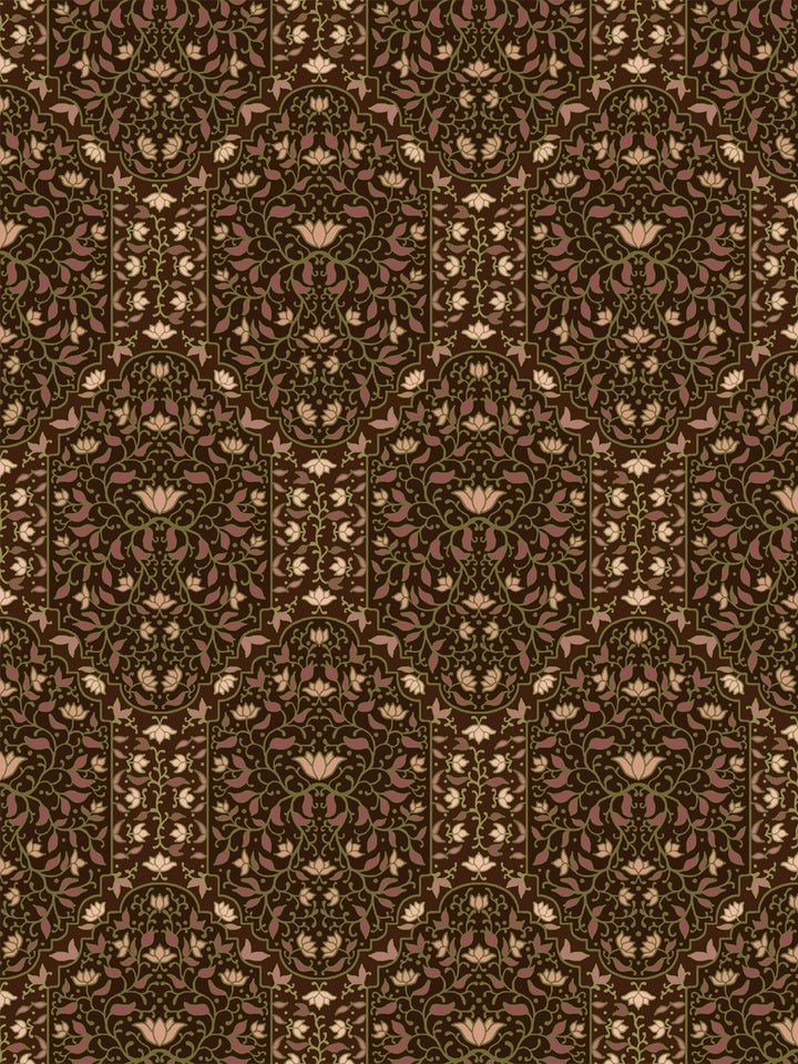 Taliah Large wallpaper in Moss Bark, mauve and olive arch florals on a dark chocolate brown ground