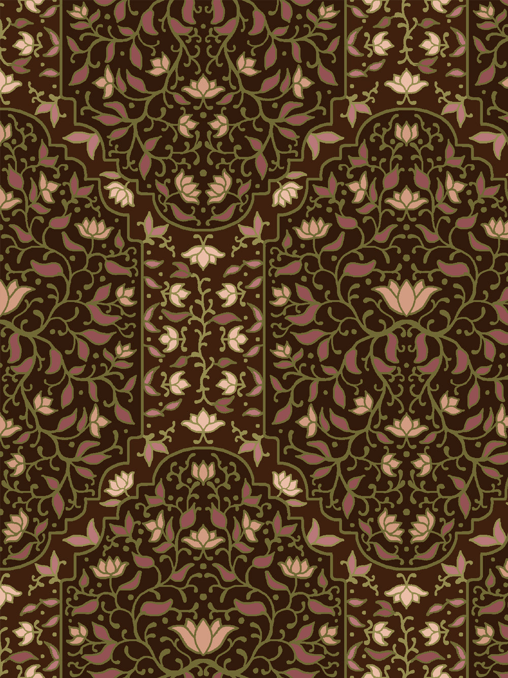 Close crop of dusty mauve rose and foliate arches on dark chocolate brown