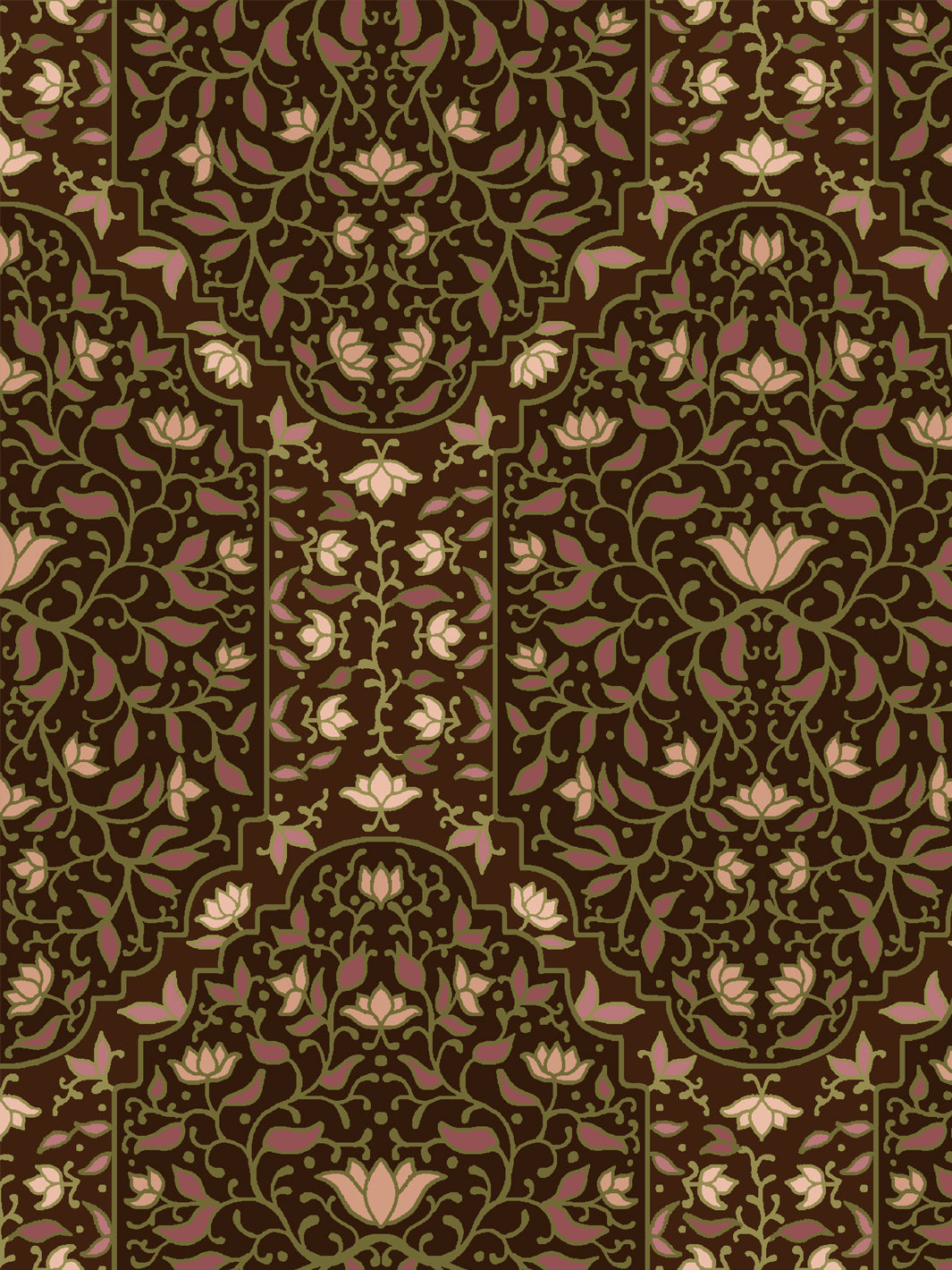 Close crop of dusty mauve rose and foliate arches on dark chocolate brown